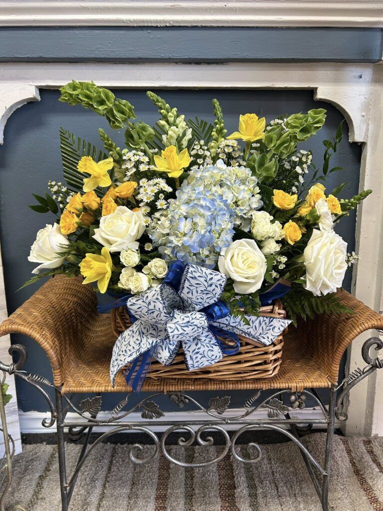 A spring flower basket arrangement.