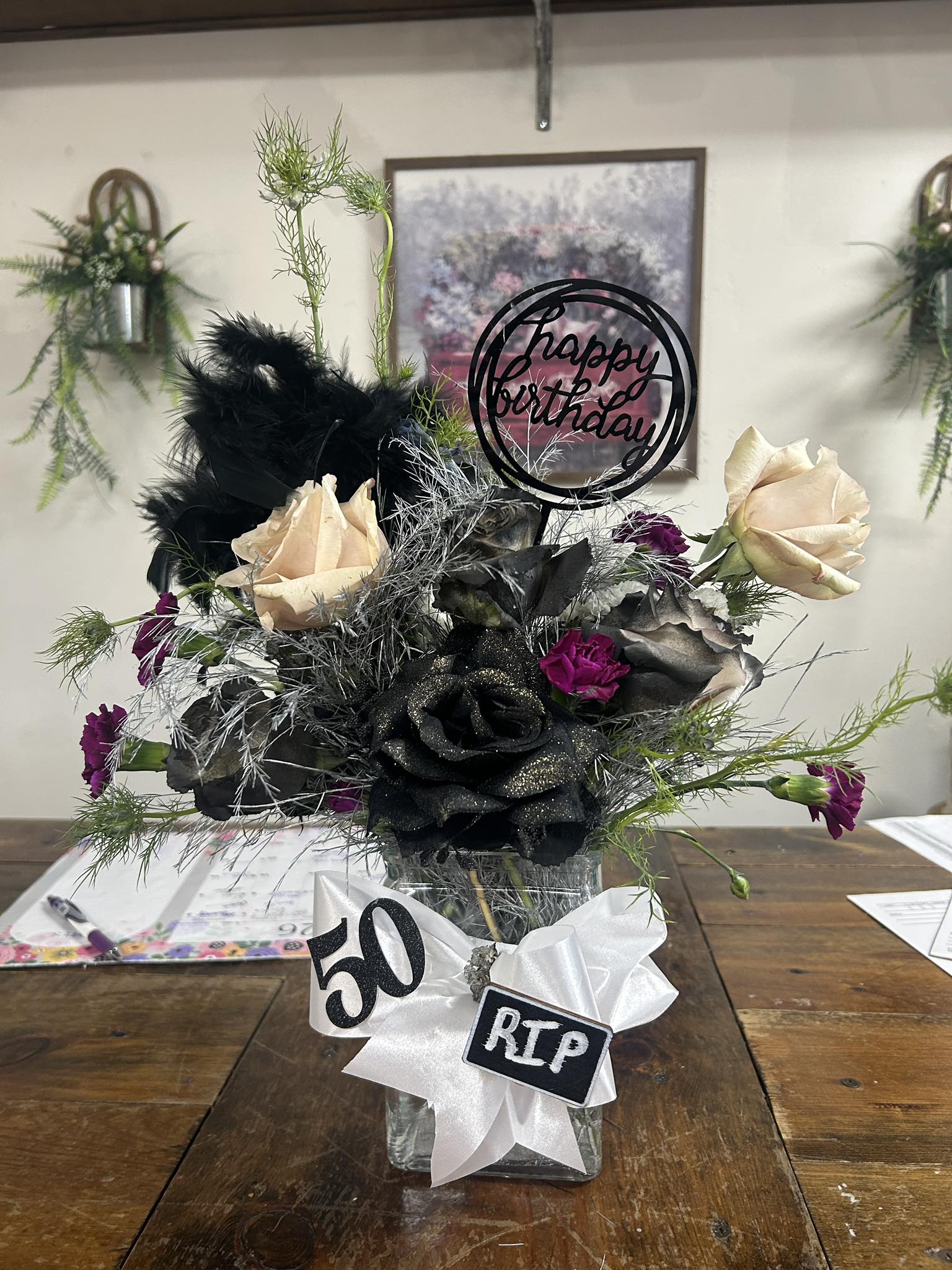 A gothic 50th birthday bouquet.